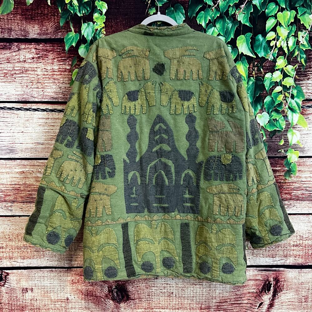 Vintage Silver Stream Quilted Jacket OS 100% Cotton Elephant Tribal Bird Animal